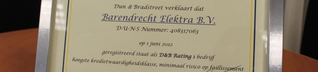 Dun & Bradstreet certificaat voor Barendrecht-Elektra B.V.
